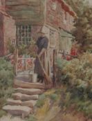 English School (19th/20th century): Woman Sweeping cottage Garden Steps,