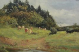 Robert Jobling (Staithes Group 1841-1923): Cows in a Riverside Meadow, oil on canvas signed 39.
