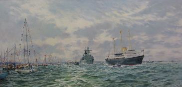 Barry A Peckham (British 1945-): The Royal Yacht Brittania - Queen Mother's Review of Yachts in the