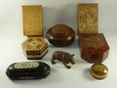 Carved Black Forest bear and wooden boxes L10cm and other treen boxes in one box