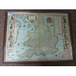 'The Kingdome of England', 17th century Christopher Saxton/John Speed map hand coloured,