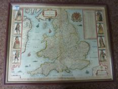 'The Kingdome of England', 17th century Christopher Saxton/John Speed map hand coloured,