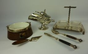 Silver-plated sugar basin in the form of a coal scuttle with scoop spoon, miniature trowel,