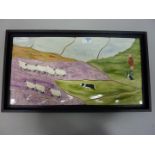 Eskdale Studio tiled plaque painted with sheepdogs and sheep  L59cm (framed)