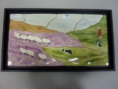 Eskdale Studio tiled plaque painted with sheepdogs and sheep  L59cm (framed)