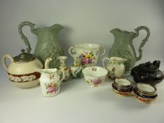 Two Victorian salt glazed jugs, two Victorian teapots,