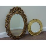 'Porto Novo' porthole design mirror D38cm and a oblong mirror within gold frame surmounted by