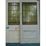 Pair 19th century doors painted hardwood doors with stained and leaded glass panels,