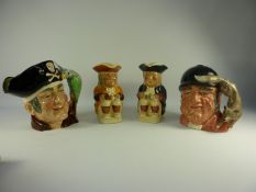 Two Royal Doulton character jugs 'Gone Away' and 'Long John Silver' and two Tony Wood Toby jugs (4)
