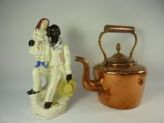 Staffordshire figure group 'Uncle Tom' H26cm and a copper kettle (2)