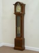 Reproduction mahogany longcase clock, moonphase dial with triple weight driven movement,