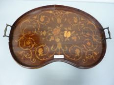 Edwardian mahogany kidney shaped tray with floral marquetry decoration L59cm