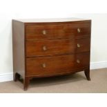 Early 19th century inlaid mahogany bow front chest fitted with three oak lined drawers,