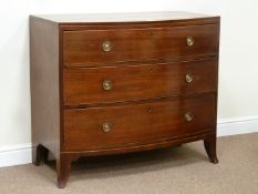 Early 19th century inlaid mahogany bow front chest fitted with three oak lined drawers,