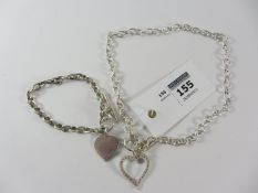 Heart T bar chain necklace and similar bracelet stamped 925