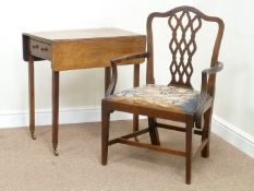 Georgian mahogany wide seat elbow chair, fret work back and carved detail,