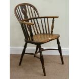 19th century elm Windsor armchair, low back, crinoline stretcher,