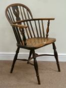 19th century elm Windsor armchair, low back, crinoline stretcher,