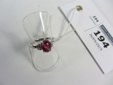 Pink sapphire and baguette diamond white gold ring hallmarked 18ct