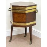 George III hexagonal mahogany brass bound cellarette on stand, fully fitted metal lined interior,