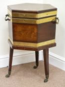 George III hexagonal mahogany brass bound cellarette on stand, fully fitted metal lined interior,