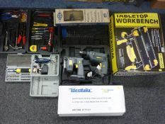 WorkZone table top workbench, boxed KEEN 'torque wrench', screwdriver socket set cased,