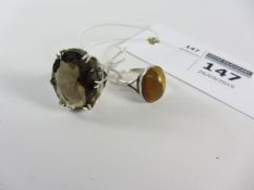 Silver ring set with smoky quartz London 1978 and a tiger's eye ring