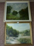 'The Swale near Healaugh' oil on board signed by Mary Lear,