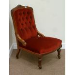 Edwardian walnut nursing chair in red velvet, carved detail,