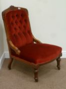 Edwardian walnut nursing chair in red velvet, carved detail,