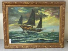 Chinese Junk in Heavy Sea, 20th Century oil painting signed H Cheng 67cm x 88cm