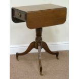 Regency mahogany drop leaf table on tripod pedestal base fitted with two drawers,