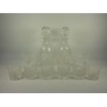 Pair Waterford cut crystal decanters, set of six cut crystal whisky tumblers,