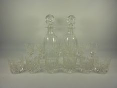 Pair Waterford cut crystal decanters, set of six cut crystal whisky tumblers,