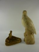 Art Nouveau period brass desk tidy 'Goose Girl' L14.5cm and a 1920s carved alabaster falcon H27.