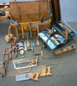 Collection of tools including - various handsaws including coping saw,