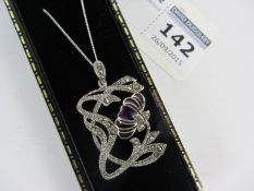 Marcasite set flower pendant necklace stamped 925