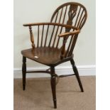 19th century elm and yew wood Windsor armchair, low back, crinoline stretcher,