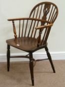 19th century elm and yew wood Windsor armchair, low back, crinoline stretcher,