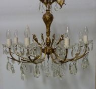 Gilt metal chandelier with cut crystal drops approx.