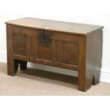 Small 18th century oak coffer, hinged top fitted with internal candle box, triple panel front,