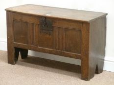 Small 18th century oak coffer, hinged top fitted with internal candle box, triple panel front,