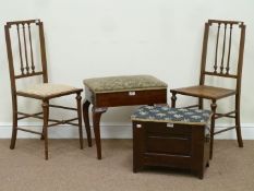 Two oak bedroom chairs, mahogany stool with hinged top, piano stool,