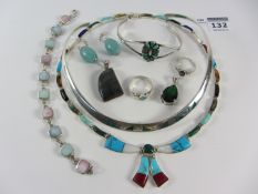 Hinged link necklace set with malachite, turquoise, abalone, etc stamped Mexico 950,