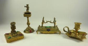 Victorian Gothic gilt brass desk set inset with lapis lazuli,