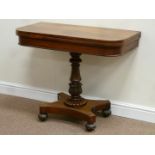 Victorian rosewood carved pedestal tea table with swivel fold over top,