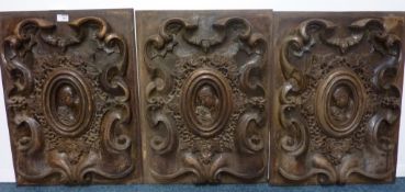 Three carved oak effect oak wall panels - provenance ex Grand Hotel Scarborough  64cm x 48cm