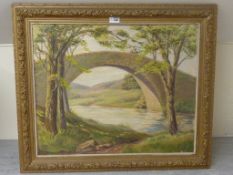 'The Old Bridge Swaledale', mid 20th century oil on board signed by Harold Pye,
