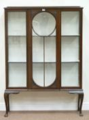 Edwardian mahogany breakfront glazed display cabinet on cabriole legs, carved detail, W114cm,