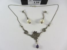 Marcasite and amethyst necklace stamped and pair of marcasite pendant dress ear-rings all stamped